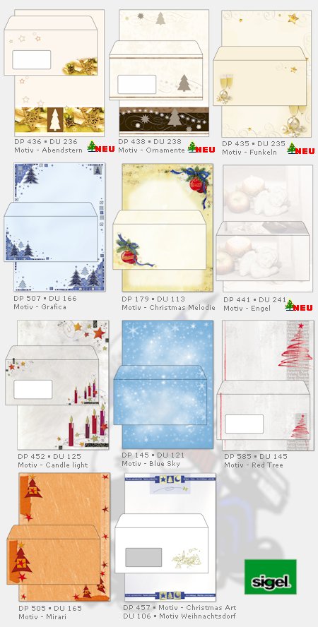 Sortimentsübersicht über weihnachtliche Papiere und Weihnachtsumschläge