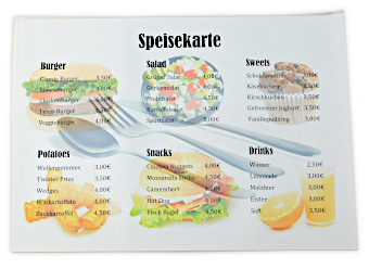 Speisekarte auf vellus soft gedruckt