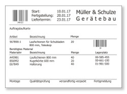 Auftragskarte mit abscannbaren Daten für den Etikettendruck
